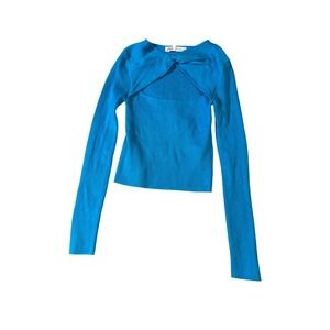 NWOT Zara Size Medium Long Sleeve Blue Ribbed Cross Knot Cropped Top Y2K